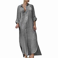 Plus Size Women 3/4 Sleeve Cotton Linen Button Up Shirt Dress Summer Split Side High Waist Casual Loose Kaftan Dress