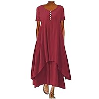 Summer Dress for Women 2024 Short Sleeve Crew Neck Button up Maxi Dress Tiered Swing Loose Fit Dress with Pockets