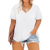RITERA Plus Size Tops for Women Summer T Shirts V Neck Short Sleeve Casual Loose Basic Tee Tops with Front Pocket White 3XL 22W 24W