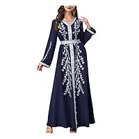 Spring Embroidered V-Neck Muslim Dress of Women Solid Color Patchwork Dress