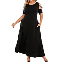 LAPA Women's Plus Size Cold Shoulder Maxi Dress, Short Sleeve Casual Loose Long Dresses with Pockets