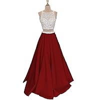 Women's Long 2 Pieces Evening Party Gowns Beaded Backless Formal Prom Dresses