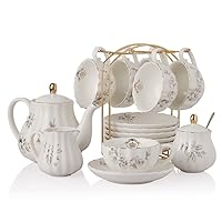 Porcelain Tea Sets British Royal Series, 8 OZ Cups & Saucer Service for 6, with Teapot Sugar Bowl Cream Pitcher Teaspoons and Tea Strainer, Suitable for High Tea, Wedding, Party（Morning glory）