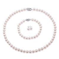 JYX Pearl Necklace Set AA+ Quality 7-8mm Natural Freshwater Cultured Round Pearl Necklace Bracelet and Earrings Set