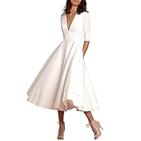 Little Satin White Dresses v-Neck Tea Length 1950s Vintage Retro Style Rockabilly Party Dress