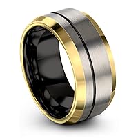 Tungsten Wedding Band Ring 8mm for Men Women Bevel Edge Grey 18K Yellow Gold Black Offset Line Brushed Polished