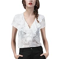 Ladies Embroidery Floral Blouse Sexy See Through Long Lantern Sleeve V-Neck Ruffles Beaded Women Chiffon Blouses