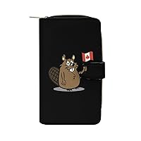 Cute Cartoon Beaver Canada Flag Purse for Women Large Capacity Zip Around Travel Clutch Wallet with Compartment