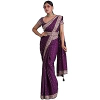 Women'S Chinon Chiffon Foil Printed, Lace, Tassel (Belt) Saree With Unstitched Blouse Piece