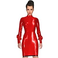 Gothic PVC Faux Leather Bodycon Dress Sexy Turtleneck Lantern Sleeve Vinyl Dress Back Zipper Nightclub Mini Dress Clubwear