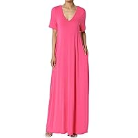TheMogan Women's S~3X Casual V-Neck Short Sleeve Loose Fit Long Maxi Dress with Pockets