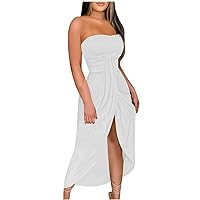 Women's Summer Dresses Fashion Temperament Sexy Solid Color Strapless Pleated Split Dress Dresses