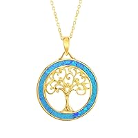 Silver Roots Gold-plated Sterling Silver Blue Inlay Opal Border Tree of Life Disc Pendant Necklace