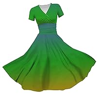 Women's Summer Dresses 2024 Princess Dress Sexy V-Neck Print Waist Pull Pleated Short Sleeve Dress, S-3XL