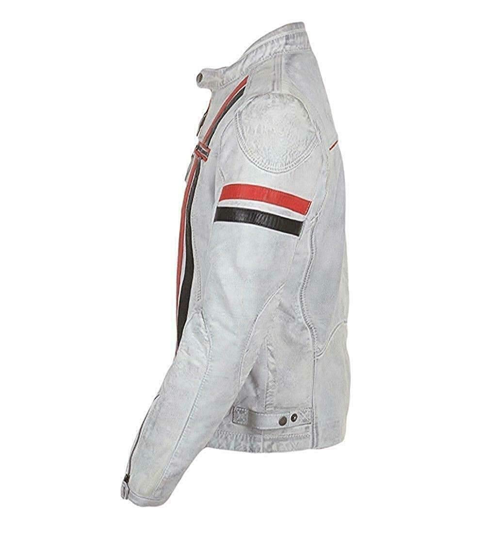 UGFashions Mens Vintage Cafe Racer Retro White Motorcycle Red Black Stripes Biker Cowhide Leather Jacket