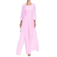 3Pieces Women Outfits Formal Jumpsuits Mother of The Bride Dress Pant Suit for Wedding Guests Dresses Elegant 3/4 Sleeves Evening Gown 16 Pink
