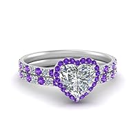Choose Your Gemstone Heart Halo Prong Studded Diamond CZ Wedding Set Sterling Silver Heart Shape Wedding Ring Sets Minimal Modern Design Birthday Gift Wedding Gift US Size 4 to 12
