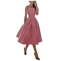 Off Shoulder Bridesmaid Dress with Pockets A Line Midi Homecoming Dress Satin Cocktail Dress BS234