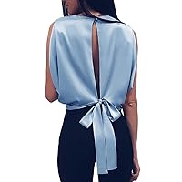 Women Silk Sleeveless Tops Sexy Hollow Back Bow-Knot Shirts Blouses