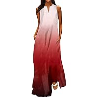 Plus Size Maxi Dresses,Elegant Print Long Dress Summer V Neck Sleeveless Formal Flowy Dress with Pocket