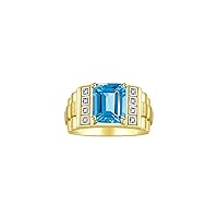 Rylos Men's Rings Designer Style 10X8MM Emerald Cut Shape Gemstone & Sparkling Diamonds - Color Stone Birthstone Rings for Men, Yellow Gold Plated Silver Rings in Sizes 8-13. Mens Jewelry