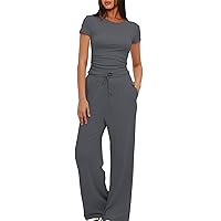 Women 2 Piece Comfy Sets Summer Loungewear Outfits Slim Short Sleeve Ruched Tops and Wide Leg Pants Y2K Tracksuit
