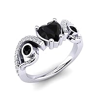 0.9 Ct Round & Heart Cut Black & Sim Diamond Engagement Ring 14K White Gold Plated