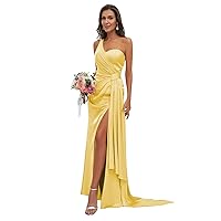 Lindo Noiva One Shoulder Satin Bridesmaid Dress Long for Women Sleeveless Ruched Formal Dress with Slit LN376