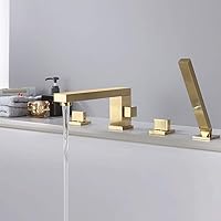 Shower System 4-Hole Roman Tub Faucet with Hand Shower in Chrome Finished,Deck Mounted Bathtub Filler Faucet with Double Handles,Gold