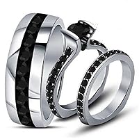2Ct Round Cut Black Diamond In 925 Sterling Silver 14K White Gold Over Diamond Wedding Band Trio Set for Him & Her