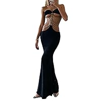Women's Dress Sexy Metal Chain Halter Neck Wrapped Chest Summer Mid-Length Hollow Backless Dress