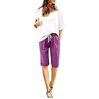 Cotton Linen Shorts for Women Loose Fit Knee Length Bermuda Shorts Plus Size Elastic Waist Casual Summer Beach Shorts