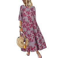 Womens Colorful Boho Floral Print Cotton Linen Maxi Dress Summer Beach Vacation Casual Loose Swing Dresses