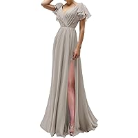 A Line V Neck Chiffon Bridesmaid Dress Long Evening Formal Party Dress Ruched Bodice