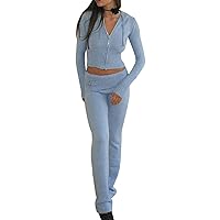 Women Ribbed Knit 2 Piece Outfits Long Sleeve Zip Up Crop Jacket + High Waist Flare Skinny Pants Loungewear Sets