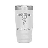 Personalized MD Tumbler With Name - Doctor Gift - 20oz Insulated Engraved Stainless Steel MD Cup White