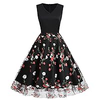 Women Cocktail Party Dresses Keyhole Floral Embroidered Dress Sheer Mesh Vintage Swing Dress Wedding Prom Tulle Dress