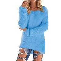 Women Long Sleeve Sexy V Neck Mohair Loose Casual Tunic Pullover Sweater Blouse Tops Baggy Jumper (Lake Blue, L)