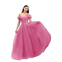 Off Shoulder Tulle Prom Dresses Long Corset Fairy Sweetheart Ruched Formal Evening Party Ball Gown for Women