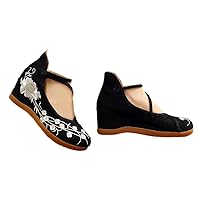 Wedge Sandals Summer Thick Heel Espadrilles Ankle Strap Women Cotton Shoes Ethnic Retro Button Wedges Embroidered Pumps Black 8.5