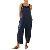 Women Long Romper Cotton Linen Bib Overalls Loose Fit Wide Leg Baggy Jumpsuits Tulip Capri Harem Pants with Pockets
