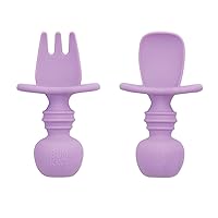 Bumkins Baby Utensils Set, Chewtensils Silicone Spoons for Dipping, Self-Feeding, Baby Led Weaning, Trainer Learning, First Stage Eating, Soft Practice Fork and Spoon, Babies 6 Months, Lavender
