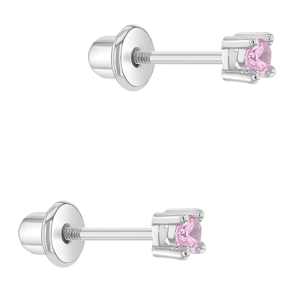Rhodium Plated Petite CZ Prong Set Round Screw Back Earrings For Baby Girls 2mm - CZ Tiny Screw Back Earrings for Babies and Toddlers - Great Baby Gift for Birthdays or Christening