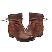 Women Chunky Heel Ankle Boots Chelsea Drawstring Block Pu Leather Booties for Autumn Winter -