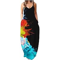 2024 Women Spaghetti Strap Boho Long Maxi Dresses Women's Beach Summer Casual Dress V Neck Button Down Slit Sleeveless