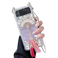 Compatible with Samsung Galaxy Z Flip 4 5G Case with Crossbody Chain Strap Bracelet Cute 3D Ancient Style Fan Pendant Sparkle Crystal Diamond Bling Glitter Hard PC Phone Case for Women Girls, Fan