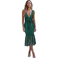 Women Sexy deep V-Neck Sleeveless Backless Summer Lace Floral Elegant Cocktail Dress