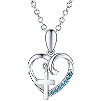 Round Cut Blue Topaz 925 Sterling Silver 14K Gold Finish Diamond Cross Heart Pendant Necklace for Women's & Girl's