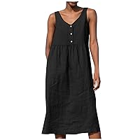 School Below The Knee Tank Women Simple Summer Sleeveless Comfy Button Down V Neck Solid Cotton Comfy Dress Woman Black
