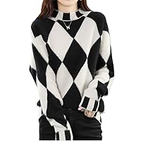 Women' Sweater Half Turtleneck Autumn/Winter Patchwork Rhombus Check Pullover Knitted Top Female Clothing